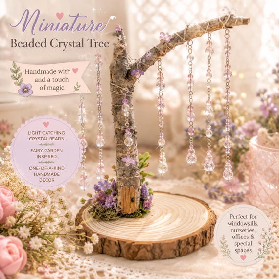 Mini Crystal Tree with Fairy Light | Handmade Beaded Crystal Suncatcher | Fairycore Desk Decor | Crystal Tree | Wedding Decor | Gift for Her