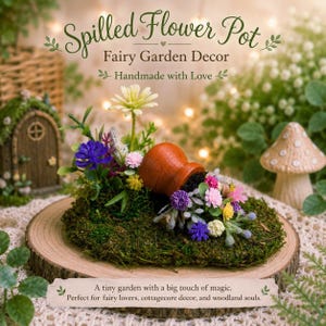 May include: A miniature garden display featuring a small, tilted terracotta-colored pot resting on a bed of green moss. The pot is surrounded by an assortment of tiny artificial flowers in shades of purple, pink, yellow, and white.