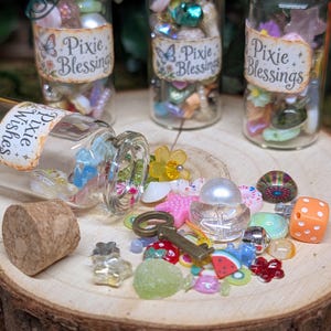 Pixie Blessings and Fairy Wishes Bottle w/ Little Tiny Things, Fairy Garden Trinket Scoop, Miniature Accessories & Curiosities