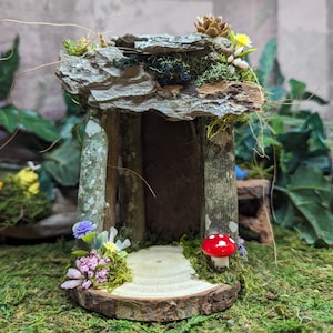 Handmade Miniature Fairy House: Natural Wood Garden Decor