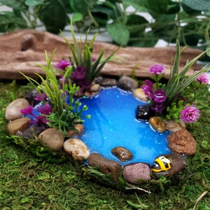 Miniature Pond for Fairy Garden or Miniature Garden with Flowers and Sparkly Blue Fairy Water