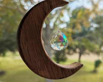 Moon Suncatcher, Crescent Moon Walnut Wood Suncatcher, Crystal Moon Suncatcher, Wood Moon Suncatcher, Boho Suncatcher, Crystal Suncatcher