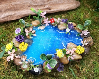 Fairy Garden Pond Surrounded by Flowers, Fairy Garden Accessory, Miniature Garden Pond, Fairy Garden Bog, Miniature Garden Accessory