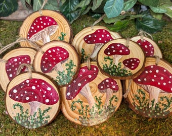 Hand-Painted Mushroom Christmas Ornaments: Woodland Wood Slice Decor (Set of 3)