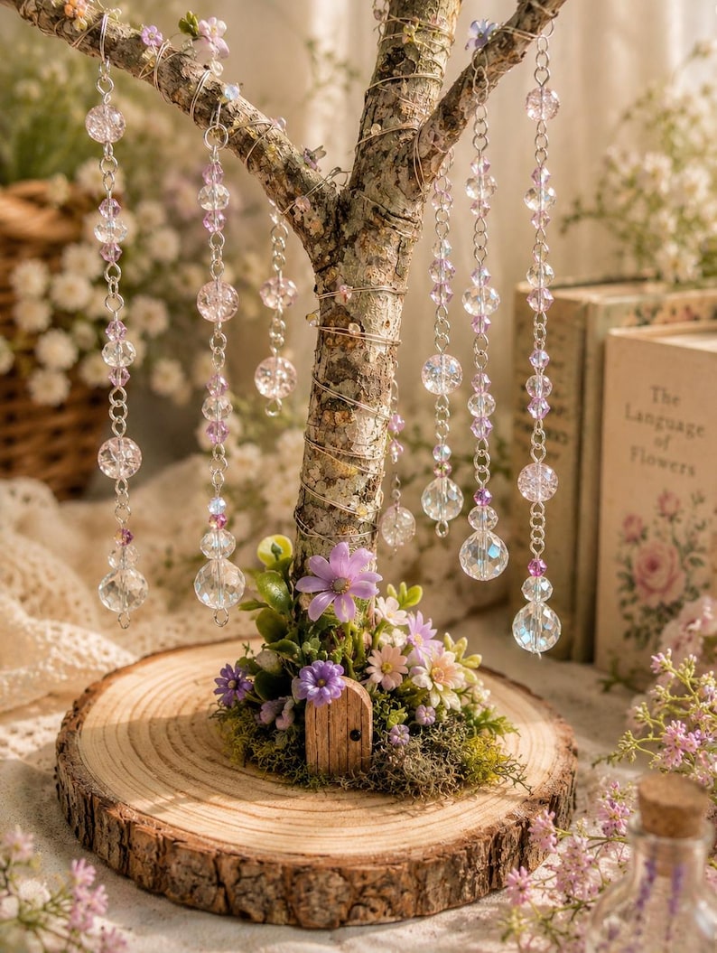 Puede incluir: Un &aacute;rbol decorativo sobre una base de rodaja de madera circular con una peque&ntilde;a puerta de madera, musgo verde y flores artificiales moradas y blancas. Varios hilos colgantes de cuentas de cristal facetadas transparentes y moradas.