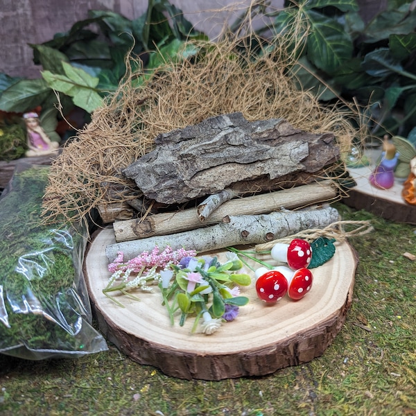 DIY Fairy House Kit, Miniature Garden, Handmade Wood, Includes Moss, Flowers