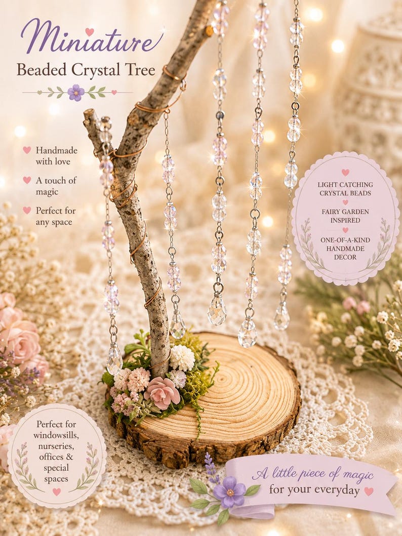 Puede incluir: Un &aacute;rbol de cristal con cuentas en miniatura que presenta una base de rama de madera natural adornada con cuentas de cristal rosas y transparentes en cadenas plateadas. La base est&aacute; decorada con peque&ntilde;as flores artificiales y musgo.