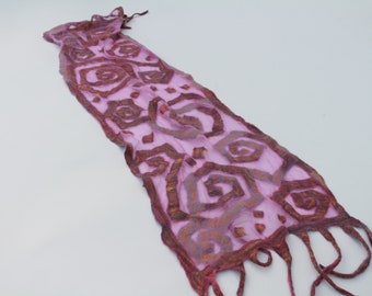 Lilac -pink Silk- wool shawl, merino wool hood loop scarf, nunofelt wrap