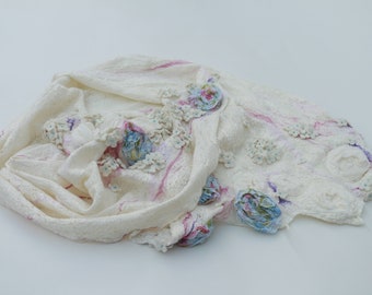 White Hydrangea flowers Silk- wool shawl, merino wool hood loop scarf, nunofelt wrap