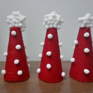 Christmas red yarn tree cone white pom pom red and white tree small tree twine cone holiday decoration ornament hand made star set of 3