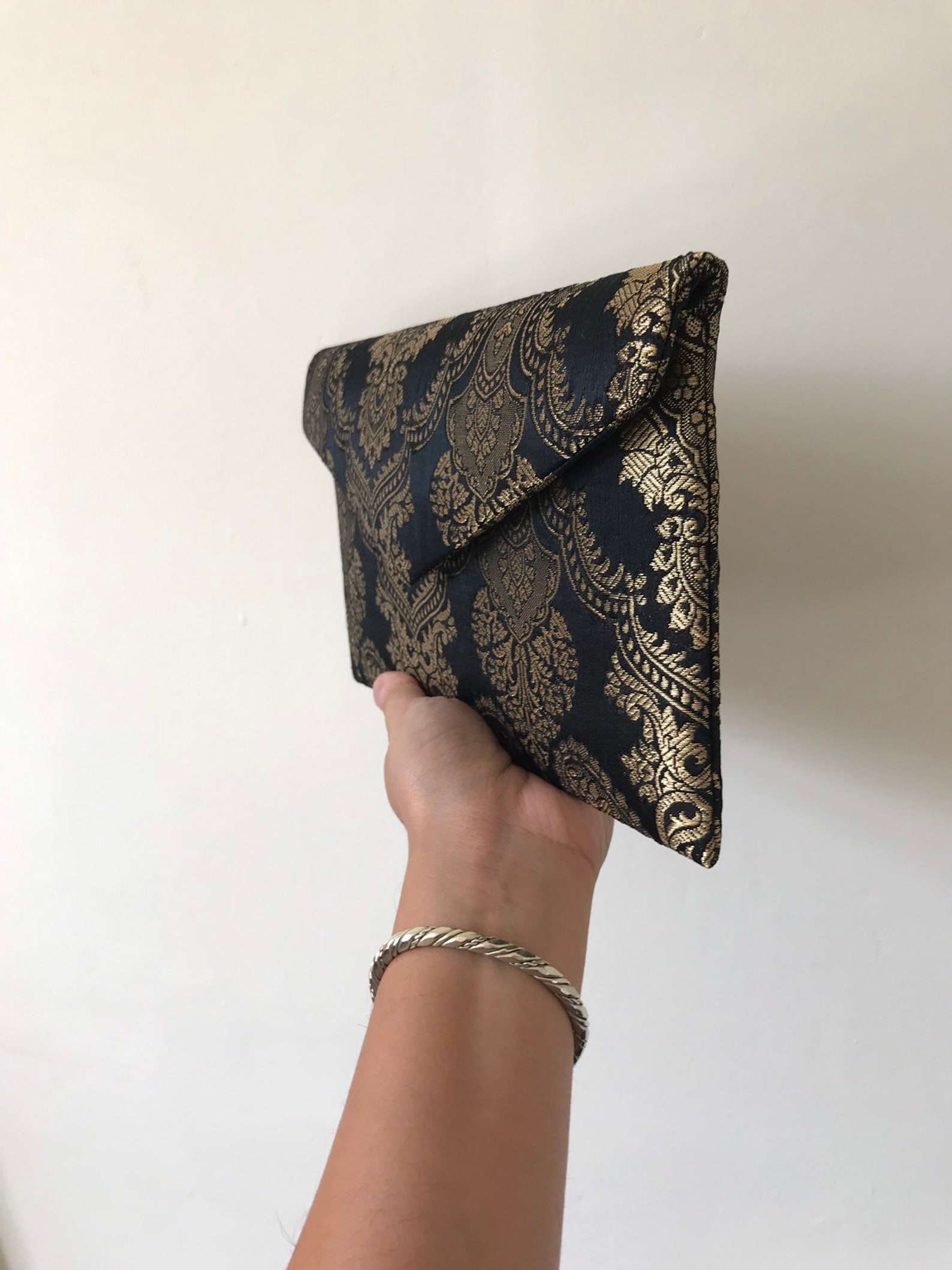 Black Silk Clutch Bag Black and Gold Brocade Clutch Bag Gold Etsy UK