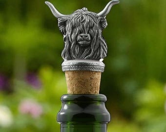 English Made Pewter and Cork Highland Cow Wine Bottle Stopper Rustic Bar Accessory