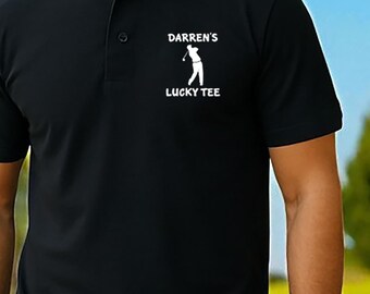 Personalised Lucky Tee Golf Design Birthday Mens Black Polo Shirt Great Fathers day gift!