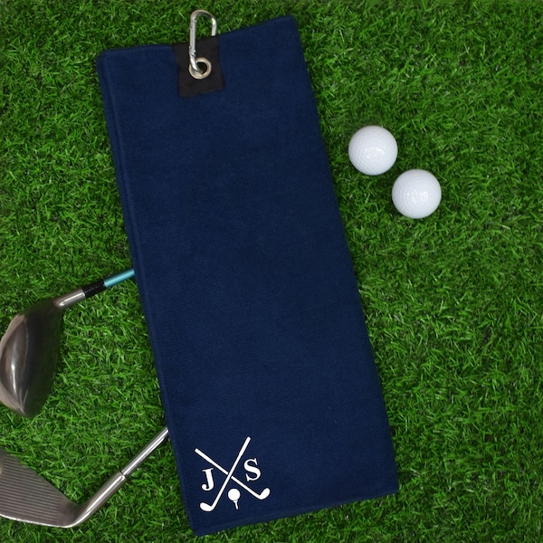 Personalised with Initials golf clubs Navy Blue Microfibre Golf Towel Great Gift for Golfers