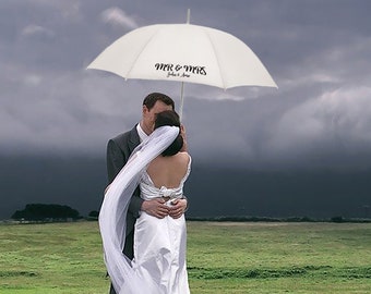 Personalised MR & MRS Design with Couples Names White Wedding Umbrella Parasol