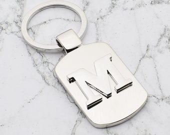 Personalised with Initial Letter design Silver Keyring with Engraving on Back