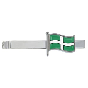May include: A silver tie bar with a green and white flag design. The flag has a white cross on a green background.