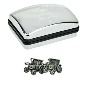 Modern Farm Tractor English Pewter Cufflinks in Optional Personalised Cufflink Box