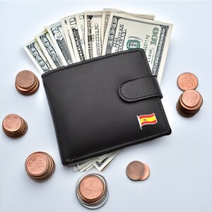 Personalised With Wave Spain Flag Design Black Genuine Leather Wallet with Optional Engraved gift box