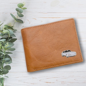 Cartera de cuero genuino color canela con diseño de auto deportivo personalizado con caja de regalo grabada opcional