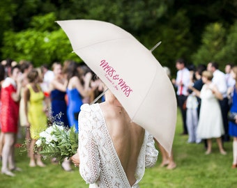 Personalised MRS & MRS Design with Couples Names White Wedding Umbrella Parasol