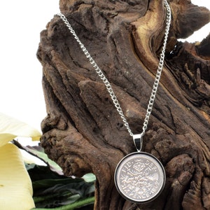 Personalised Hand Set Silver Lucky Sixpence Necklace Birthday anniversary gift with Personalised Engraved Gift Box