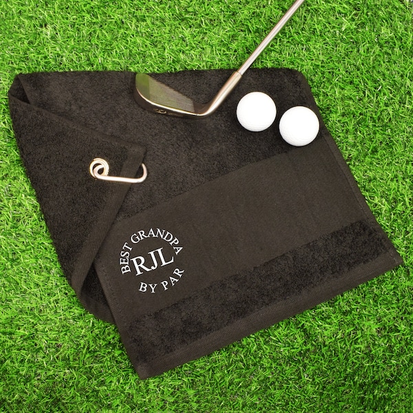 Personalised with Initials Best Grandpa By Par Black Golf Towel Great Gift for Golfers