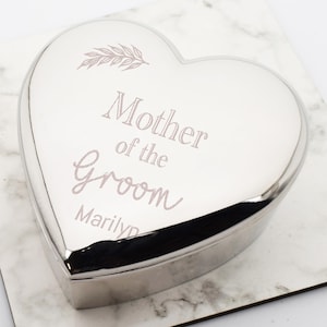 Beautifully Engraved Personalised Mother of the Groom Design | Silver Heart Shaped Trinket Box