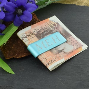 Anodised Aluminium Narrow Money clip Engraved with Initials or Short message Great gift for Fathers Day