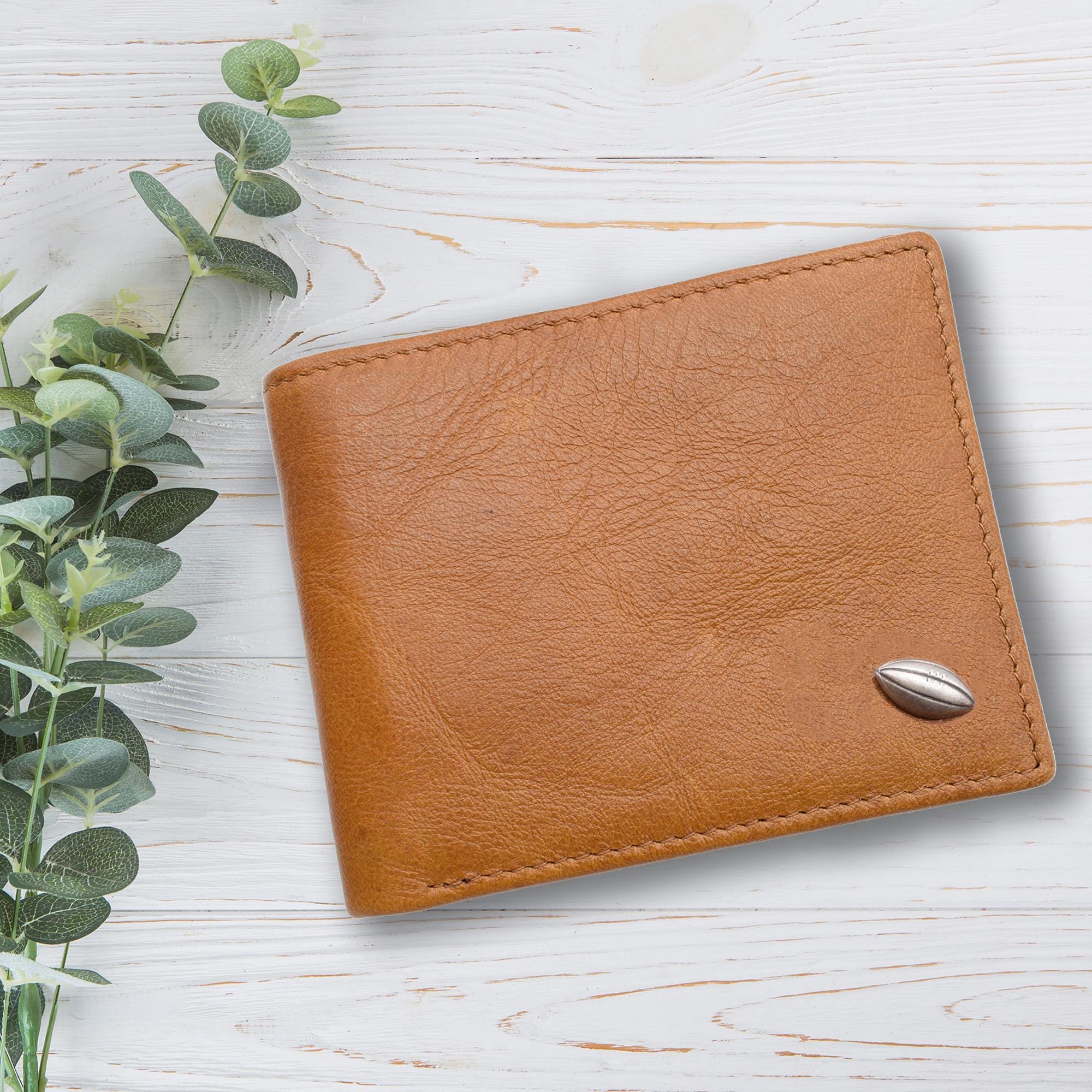 Pewter Rugby Ball Design Personalised Tan Genuine Leather Wallet with Optional Engraved gift box