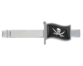 Pince à cravate argentée Jolly Roger Wave Flag présentée dans une boîte chromée personnalisée