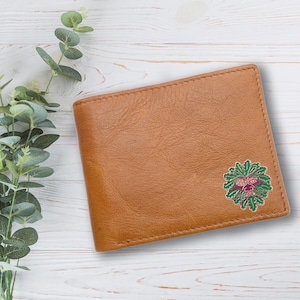 Cartera de cuero genuino color canela con diseño New Age de Green Man personalizada con caja de regalo grabada opcional