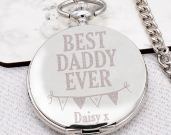 Personalised Best Daddy Ever Design Silver Finish Roman Numerals Quartz Action Pocket Watch and Clip Chain With choice of Presentation Box