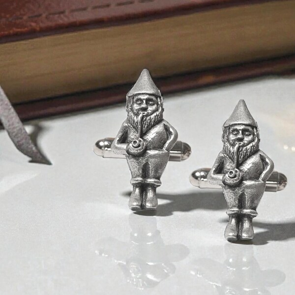 Garden Gnome Design English Made Pewter Cufflinks in Personalised Leatherette Cufflink Box