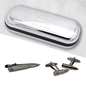 Gunmetal Finish Bullet Tie Clip and Cufflinks Set in Engraved personalised box