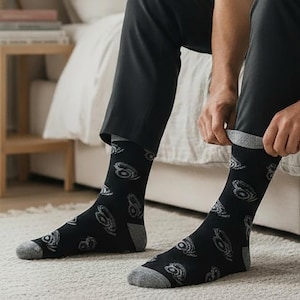 Könnte beinhalten: Schwarze Socken mit grauer Ferse und Spitze, mit einem sich wiederholenden weißen und grauen Design. Die Socken werden hochgezogen und zeigen einen grauen Bund. Die Person trägt eine dunkelgraue Hose.