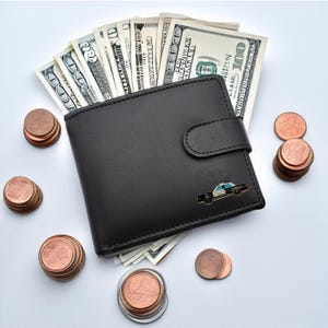 Cartera de cuero genuino negra con diseño de coche de policía americano clásico retro personalizado con caja de regalo grabada opcional