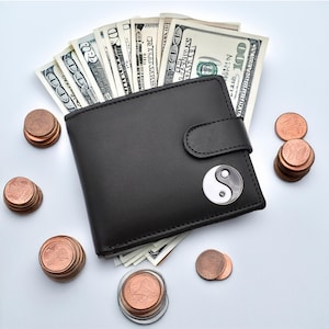 Cartera de cuero genuino negra con diseño Yin Yang personalizado con caja de regalo grabada opcional