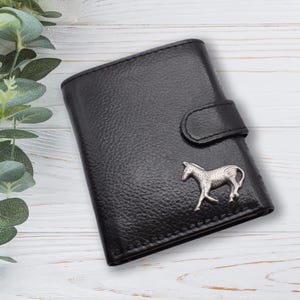 Personalisiert mit eigenem Text Zinn Pferd Design Schwarze Echtleder Brieftasche
