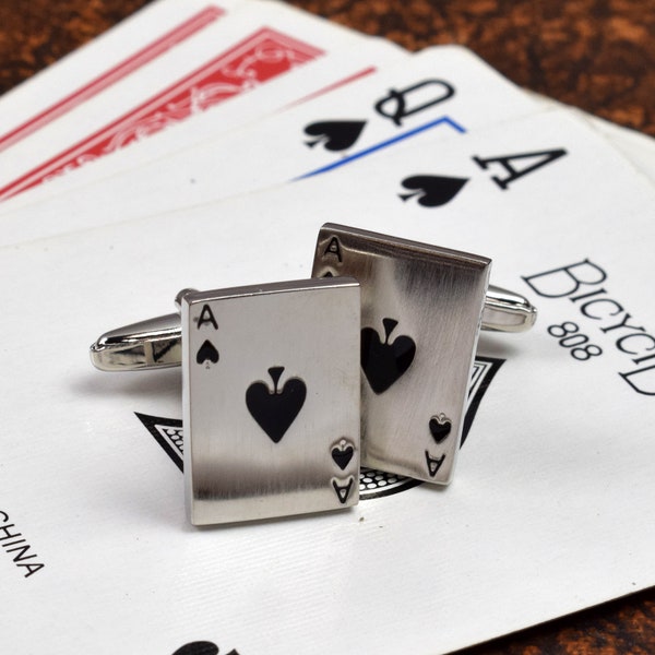 Brushed matt Silver Finish Ace of Spades Cufflinks in Personalised Cufflinks Box