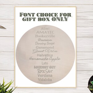 May include: A list of font names in a circle on a light brown background. The text at the top of the image reads "FONT CHOICE FOR GIFT BOX ONLY".
