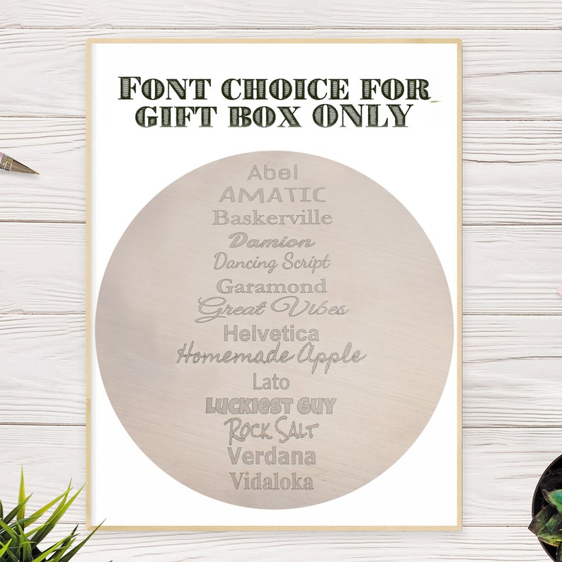 May include: A list of font names in a circle on a light brown background. The text at the top of the image reads "FONT CHOICE FOR GIFT BOX ONLY".
