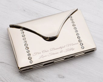 Personalisierter Tri Fold Silber-Spiegel mit weißen Kristallen Handtaschenspiegel im samtigen Geschenkbeutel