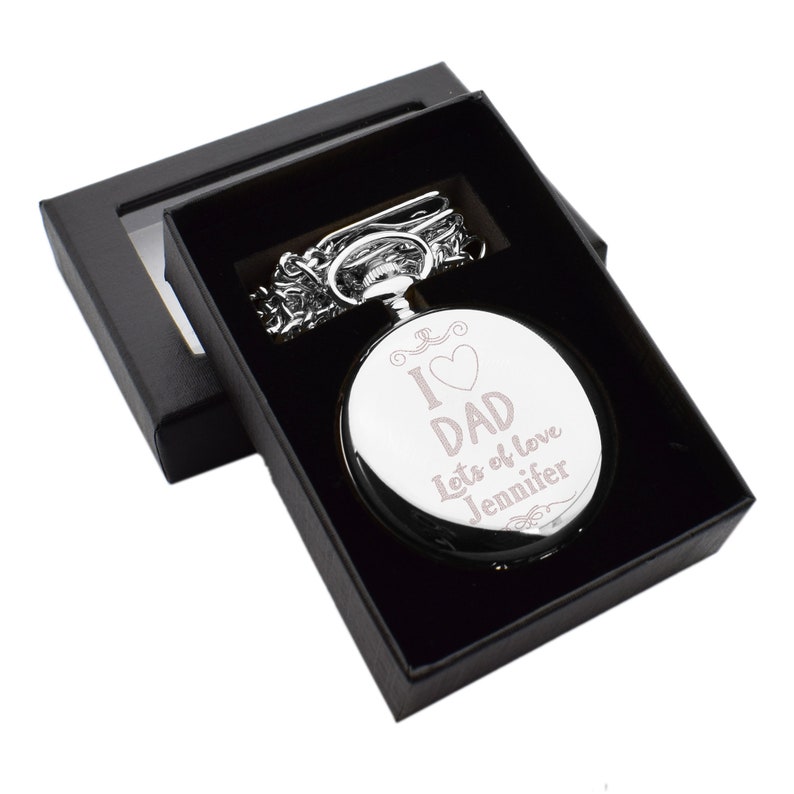 Personalisierte Ich liebe dich Papa Design Silber Finish römische Ziffern Quarz Aktion Taschenuhr und Clip Kette mit Wahl der Präsentation Box Bild 4