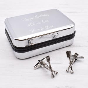 Garden Pitch Fork Pewter Cufflinks in Personalised Chrome Effect Cufflink Box