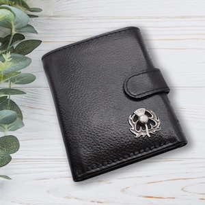 Cartera de piel auténtica negra con diseño de cardo escocés de peltre, personalizada con texto propio