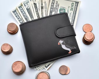 Personalised Puffin Design Black Genuine Leather Wallet with Optional Engraved gift box