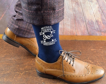 Personalised 90th Birthday Scroll Mens Navy Blue Socks