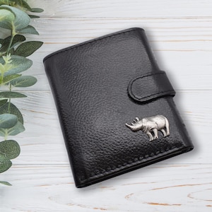 Personalisiert mit eigenem Text Pewter Rhino Design Schwarz Echtleder Brieftasche