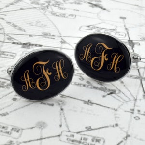 Personalised Initials on Dark Navy Design Oval Cufflinks in Gift Box